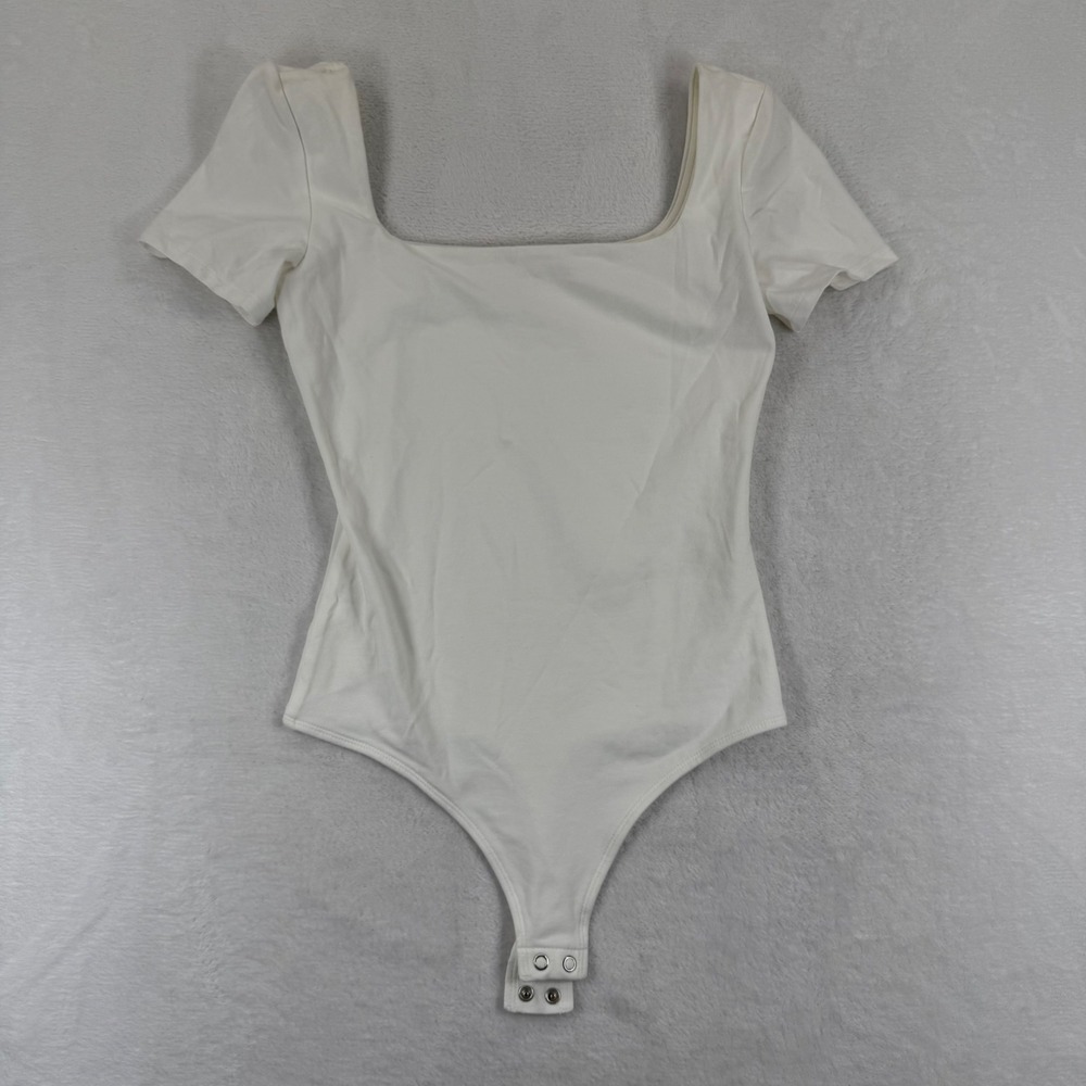 Express Body‎ Contour White Square Neck Short Sleeve Bodysuit XS Cotton Blend